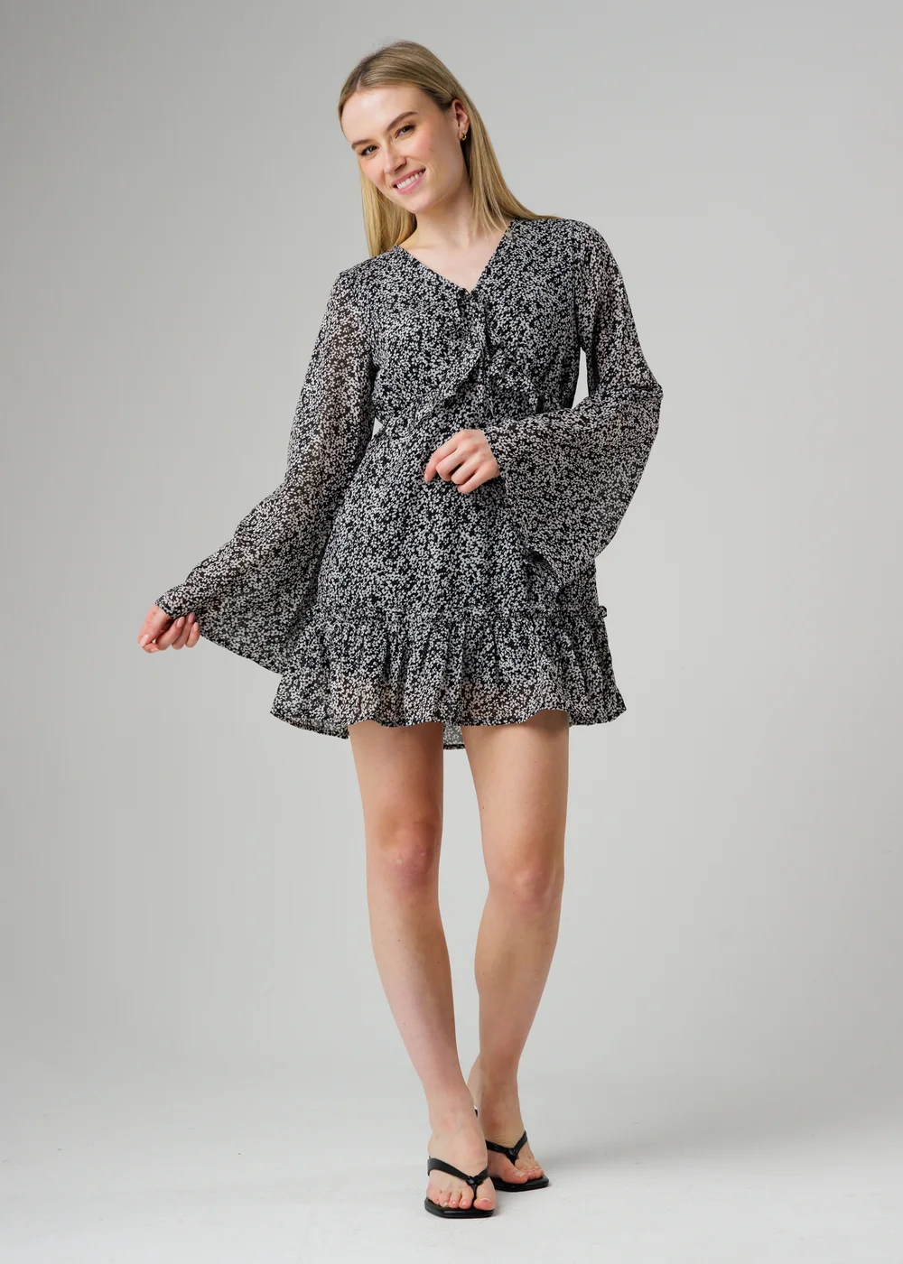 Wednesday’s Girl Black Floral V Neck Angel Sleeve Mini Dress - M Image 1