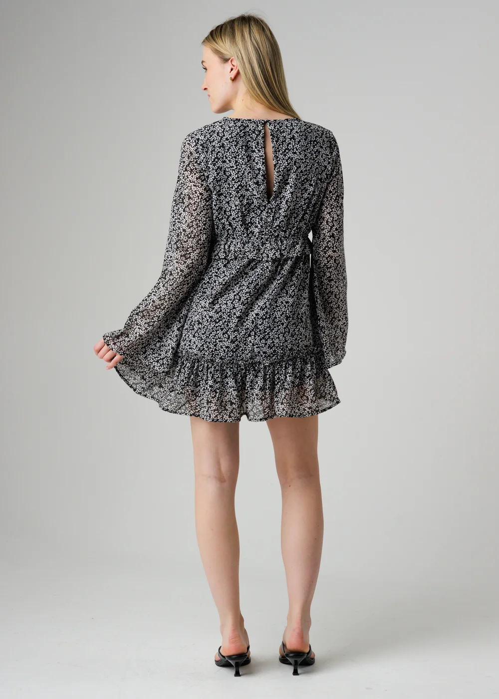 Wednesday’s Girl Black Floral V Neck Angel Sleeve Mini Dress - M Image 2