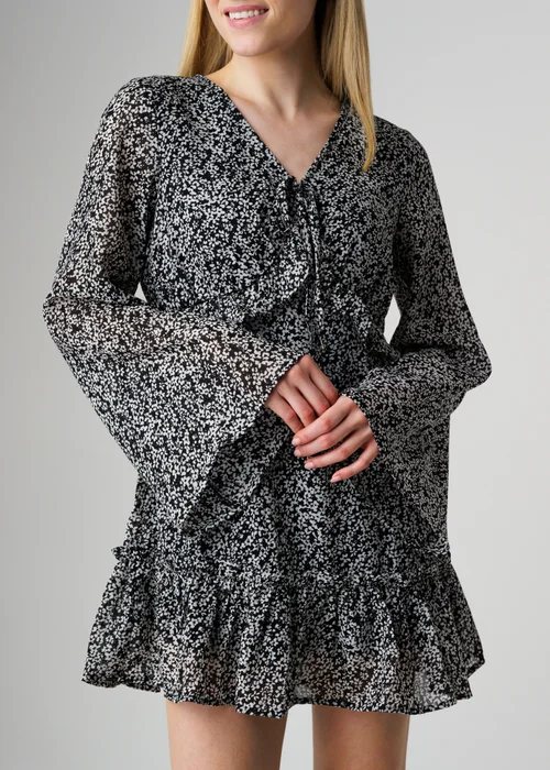 Wednesday’s Girl Black Floral V Neck Angel Sleeve Mini Dress - M Image 3