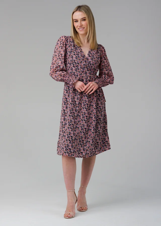 Influence Black Long Puff Sleeve Midi Wrap Dress