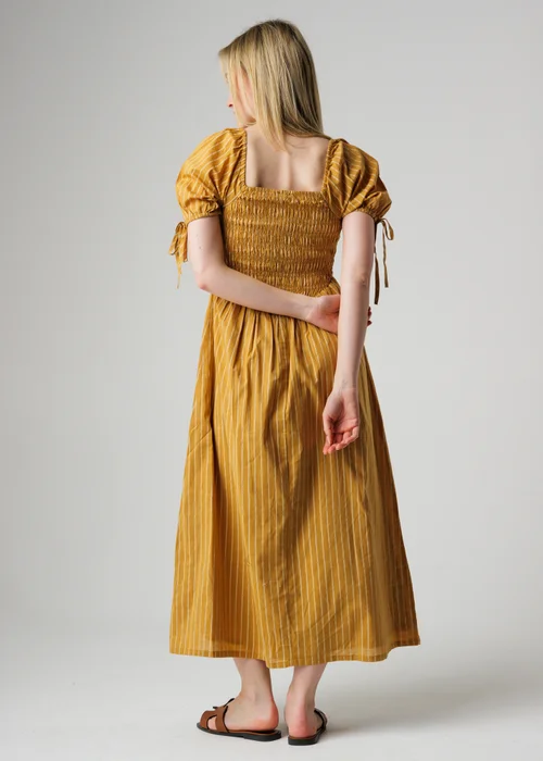 Wednesday’s Girl Mustard Striped Square Neck Puff Sleeve Midi Dress - XS Image 2