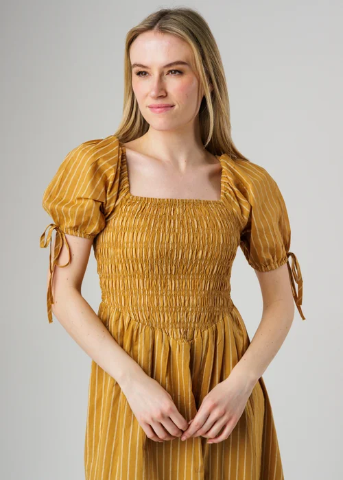 Wednesday’s Girl Mustard Striped Square Neck Puff Sleeve Midi Dress - XS Image 3