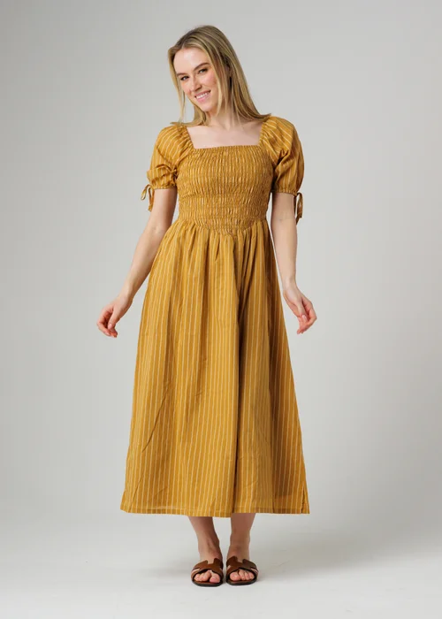 Wednesday’s Girl Mustard Striped Square Neck Puff Sleeve Midi Dress - XS Image 1