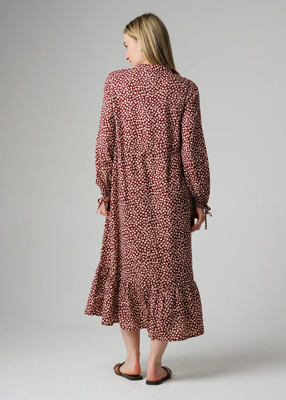 Wednesday’s Girl Burgundy Floral Tie Neck Long Sleeve Midi Dress - S Image 2