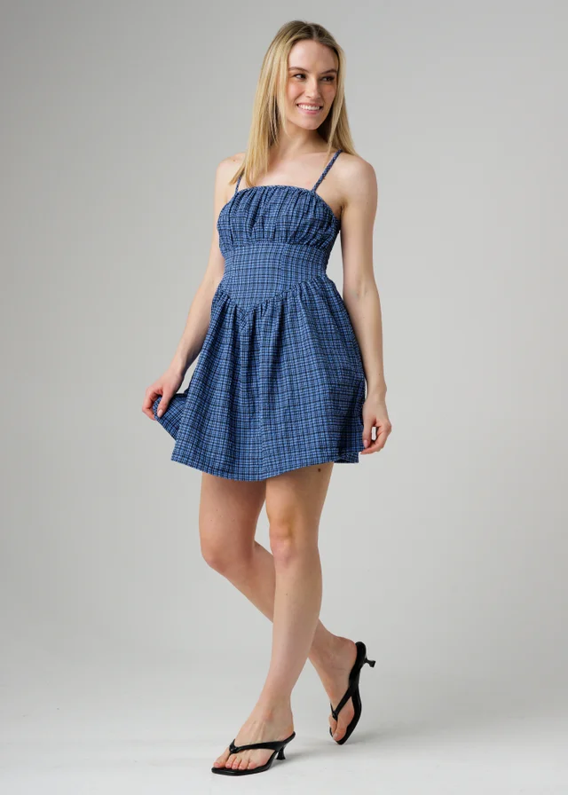 Wednesday’s Girl Blue Check Print Corset Waist Mini Cami Dress