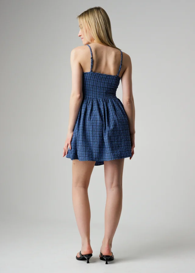 Wednesday’s Girl Blue Check Print Corset Waist Mini Cami Dress