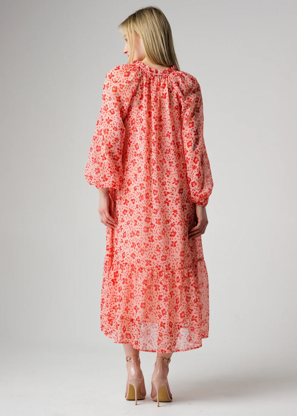 Wednesday’s Girl Pink Floral Tie Neck Frill Detail Midi Dress - XL Image 2