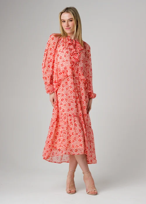Wednesday’s Girl Pink Floral Tie Neck Frill Detail Midi Dress - XL Image 1