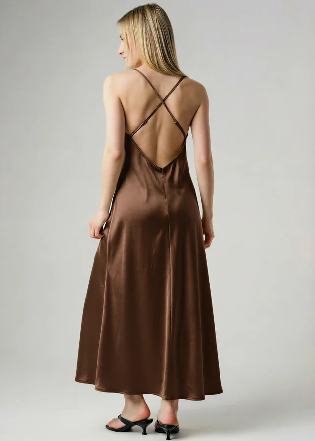 Wednesday’s Girl Brown Cowl Neck Midi Satin-Style Dress