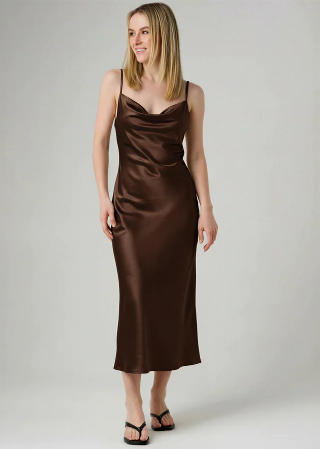 Wednesday’s Girl Brown Cowl Neck Midi Satin-Style Dress