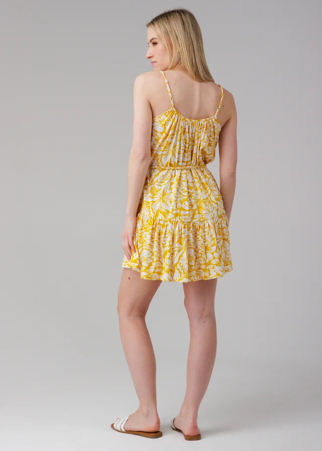 Influence Yellow Sleeveless Tie-Front Tiered Mini Dress