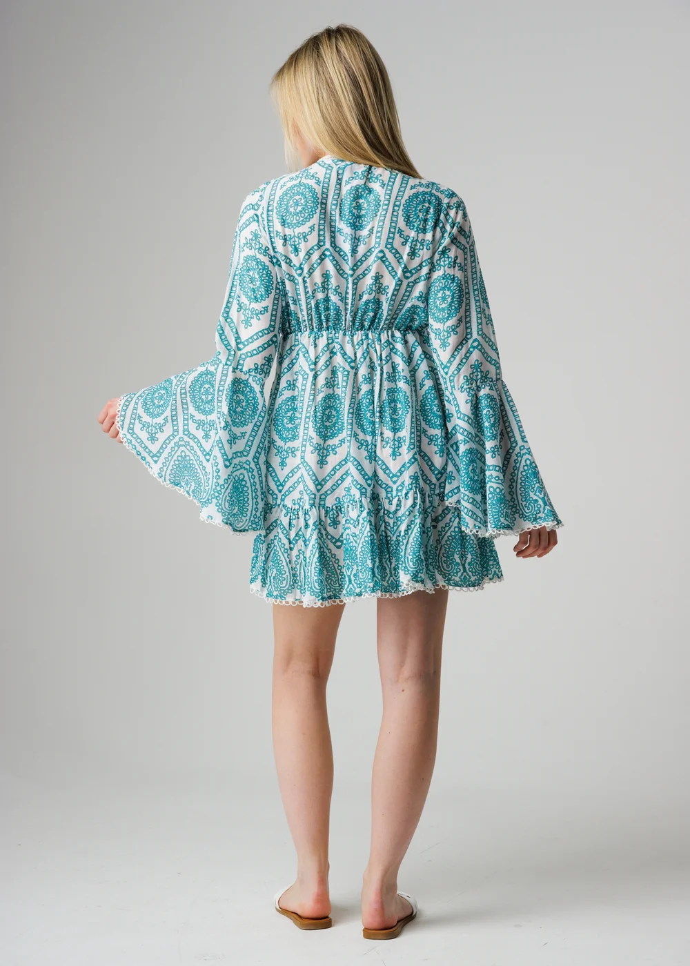 Wednesday’s Girl Blue Cotton Embroidered Trim Flared Sleeve Mini Dress - XS Image 2