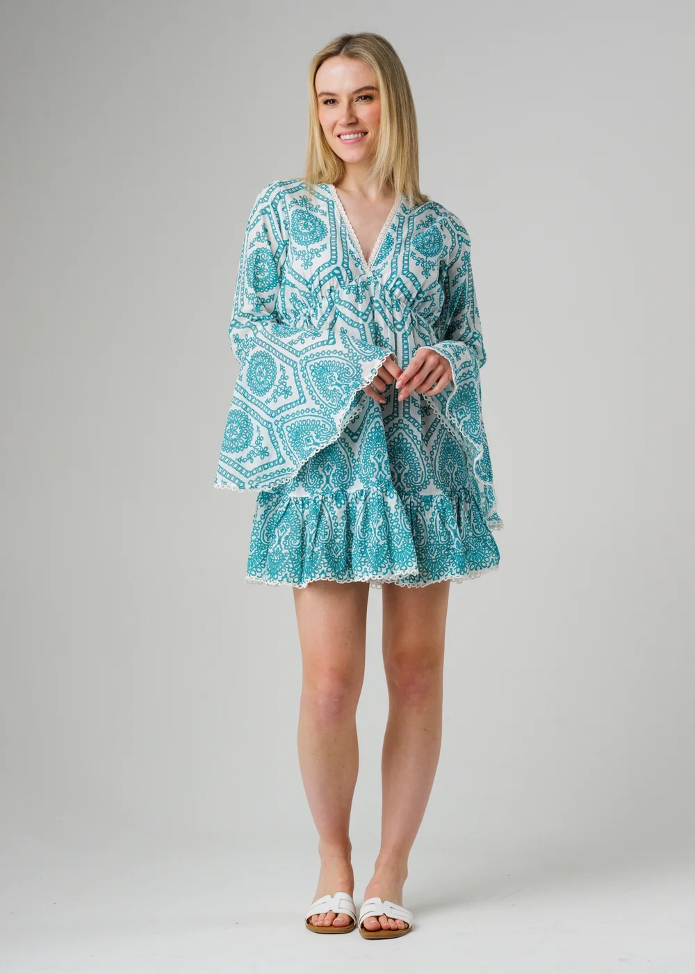 Wednesday’s Girl Blue Cotton Embroidered Trim Flared Sleeve Mini Dress - XS Image 1
