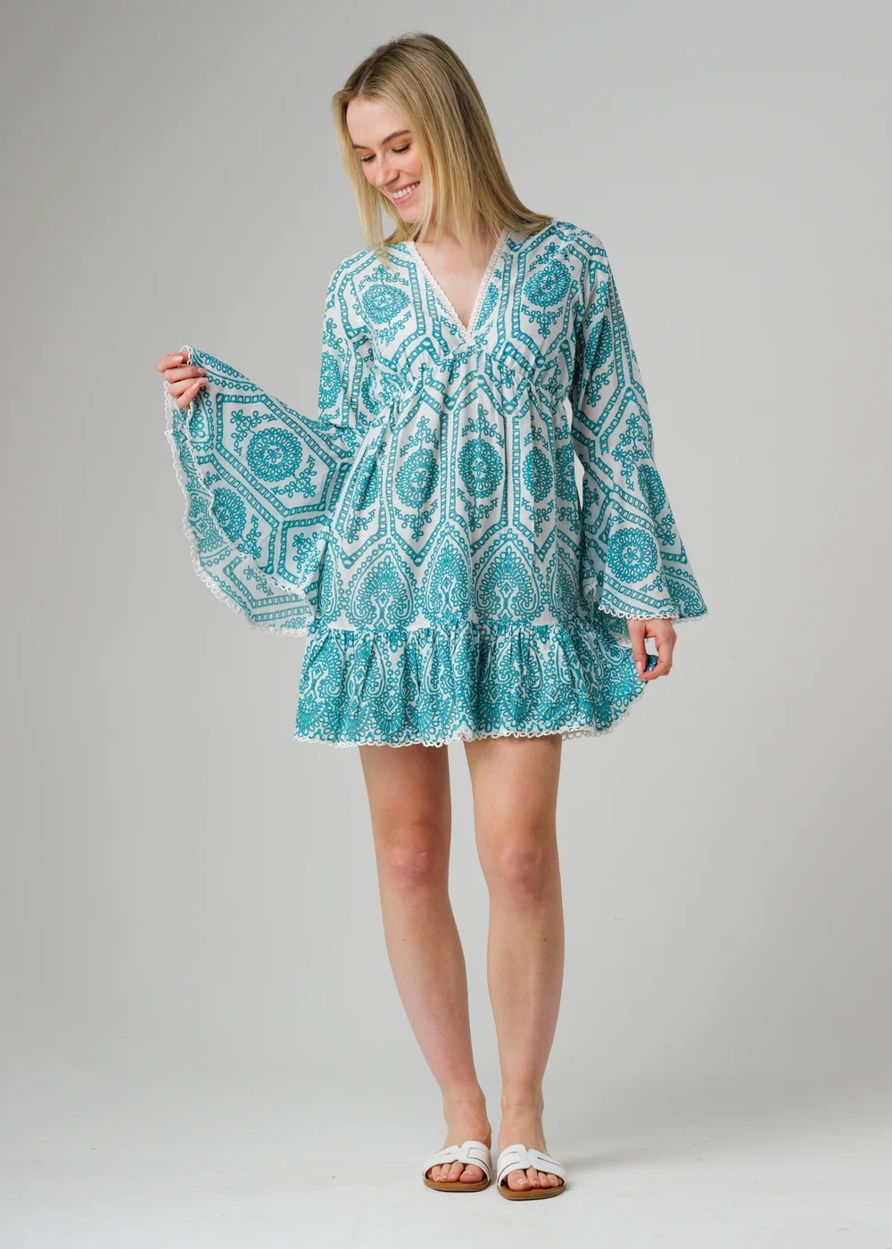 Wednesday’s Girl Blue Cotton Embroidered Trim Flared Sleeve Mini Dress - XS Image 4