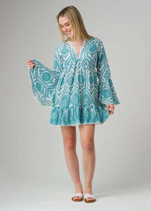 Wednesday’s Girl Blue Cotton Embroidered Trim Flared Sleeve Mini Dress - XS Image 4