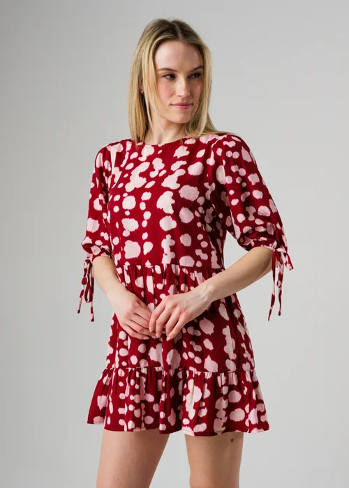 Wednesday’s Girl Burgundy Smudgy Dot Print Tie Sleeve Smock Mini Dress - S Image 1
