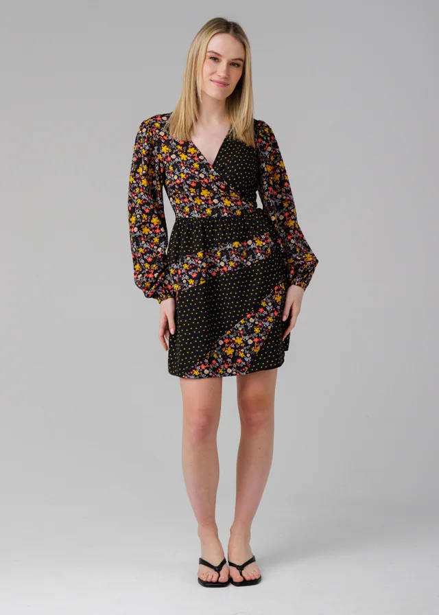 Influence Black Long Sleeve Floral Printed Wrap Mini Dress