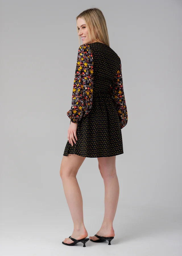 Influence Black Long Sleeve Floral Printed Wrap Mini Dress