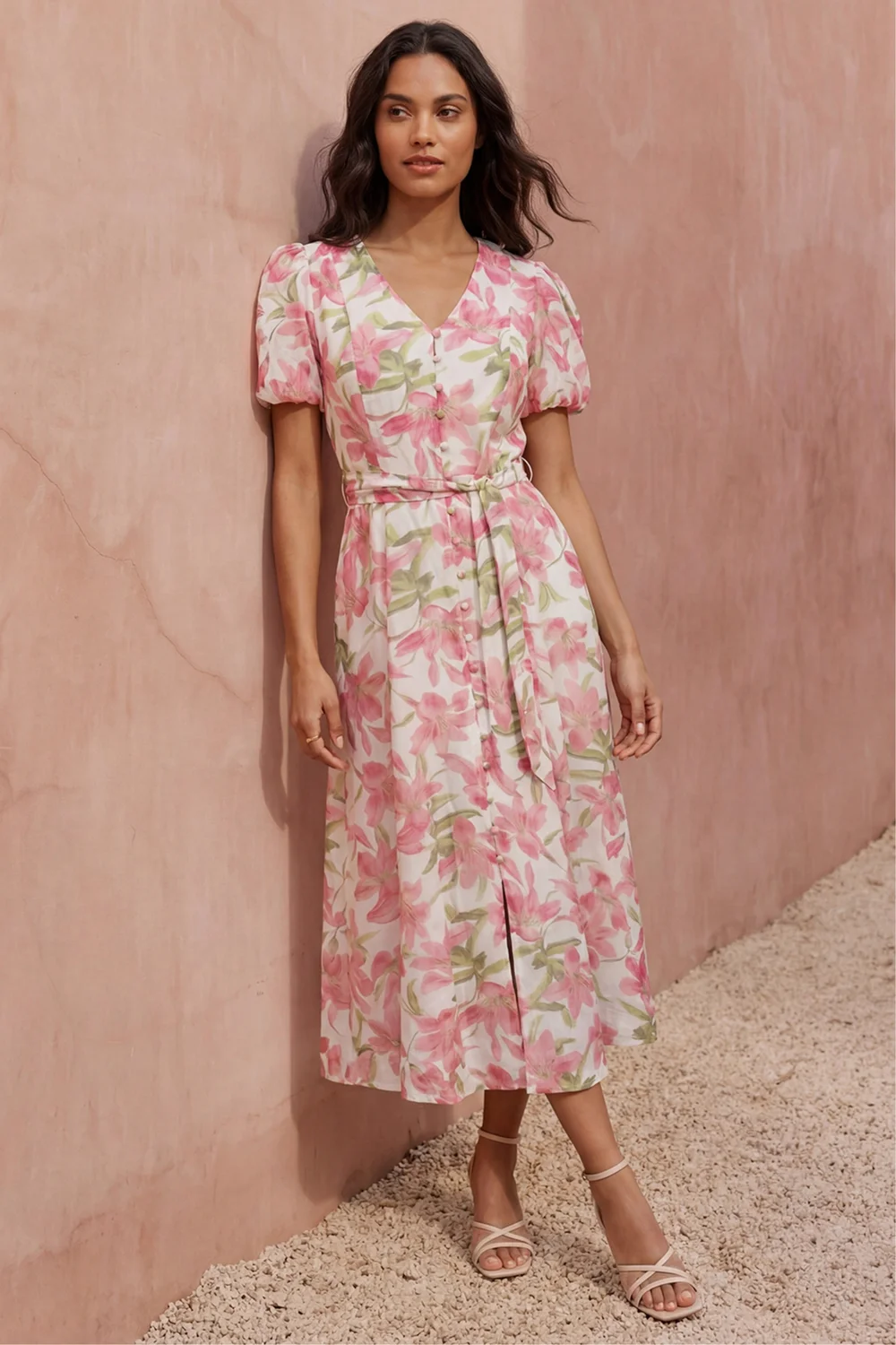Roman Pink Floral Print Puff Sleeve Midi Dress - 12 Image 1