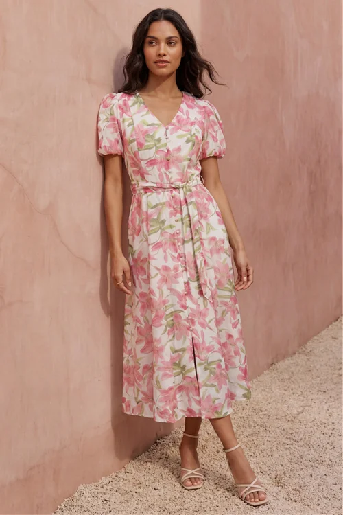Roman Pink Floral Print Puff Sleeve Midi Dress - 12 Image 1
