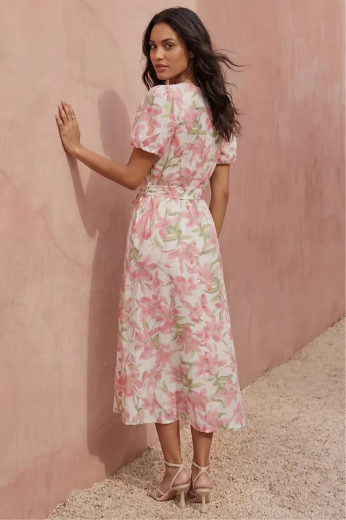 Roman Pink Floral Print Puff Sleeve Midi Dress - 12 Image 3