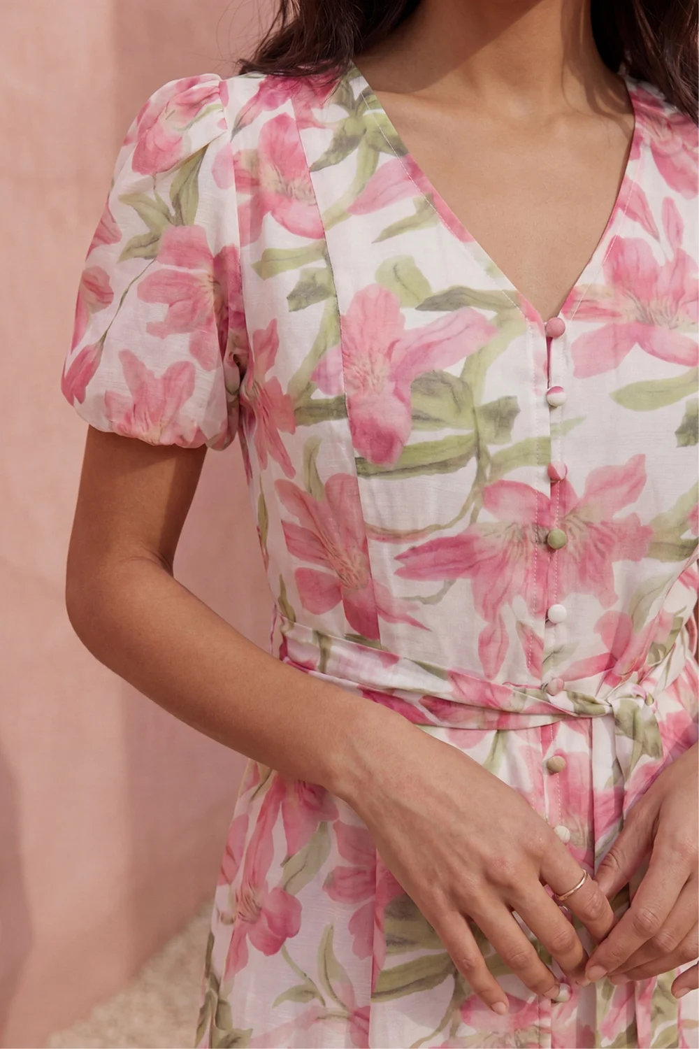 Roman Pink Floral Print Puff Sleeve Midi Dress - 12 Image 4
