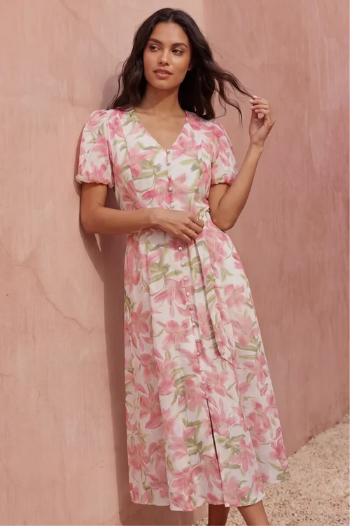 Roman Pink Floral Print Puff Sleeve Midi Dress - 12 Image 2