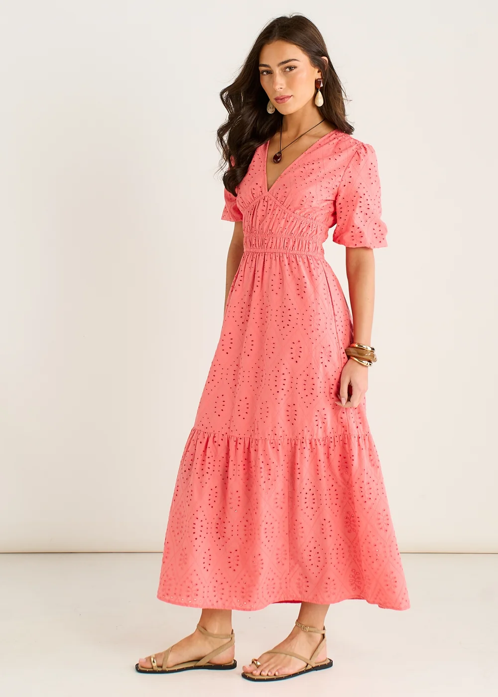 Gini London Coral Diamond Cut Work V Neck Broderie Dress - 16 Image 4