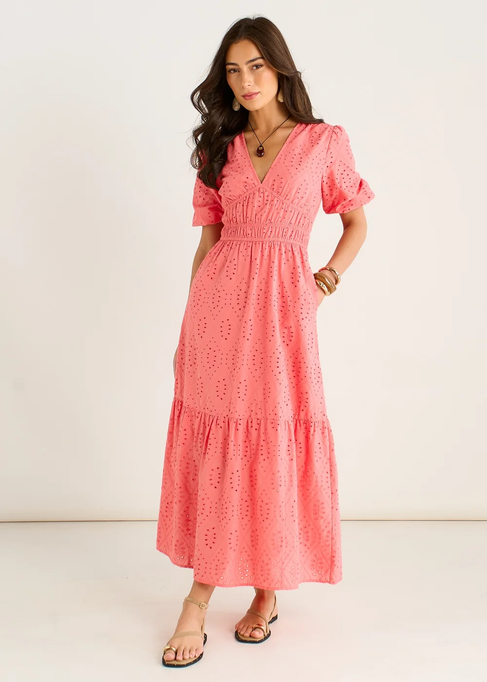 Gini London Coral Diamond Cut Work V Neck Broderie Dress - 16 Image 1