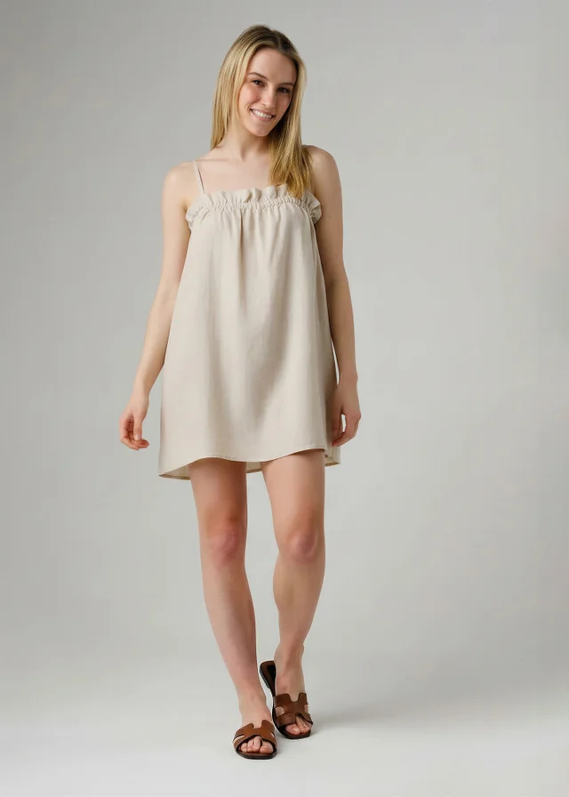 Wednesday’s Girl Beige Cotton Babydoll Elasticated Neck Strappy Mini Dress