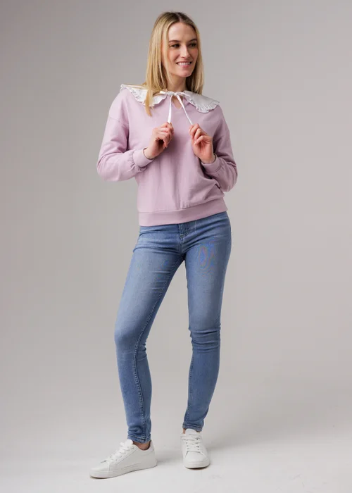 Influence Purple Cotton Peter Pan Tie Ruffle Collar Long Sleeve Sweatshirt - 14 Image 4