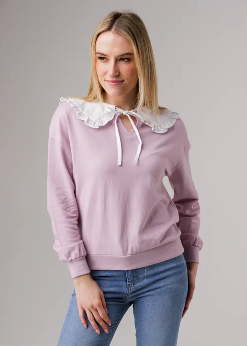 Influence Purple Cotton Peter Pan Tie Ruffle Collar Long Sleeve Sweatshirt - 14 Image 1