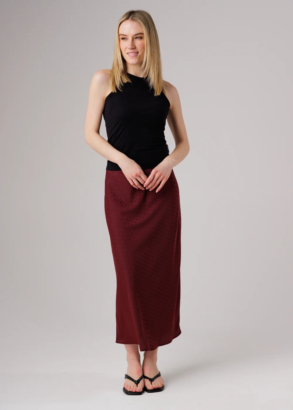 Wednesday’s Girl Burgundy Polka Dot Print High Waist Midaxi Skirt - M Image 3