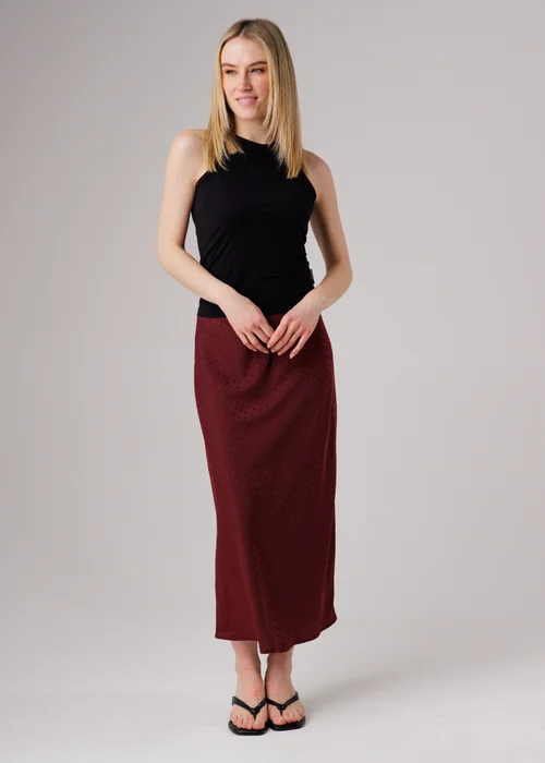 Wednesday’s Girl Burgundy Polka Dot Print High Waist Midaxi Skirt - M Image 3