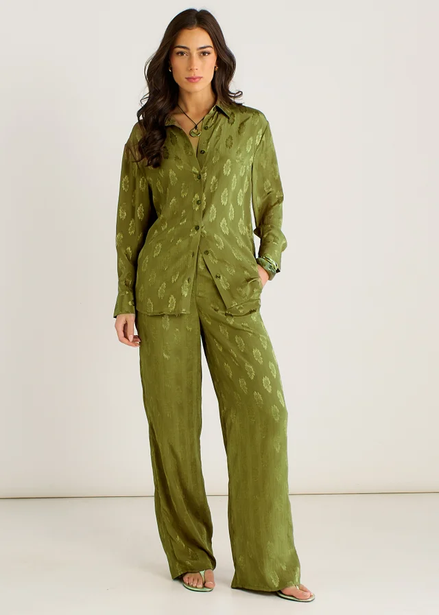 Gini London Khaki Floral Satin Jacquard Trousers