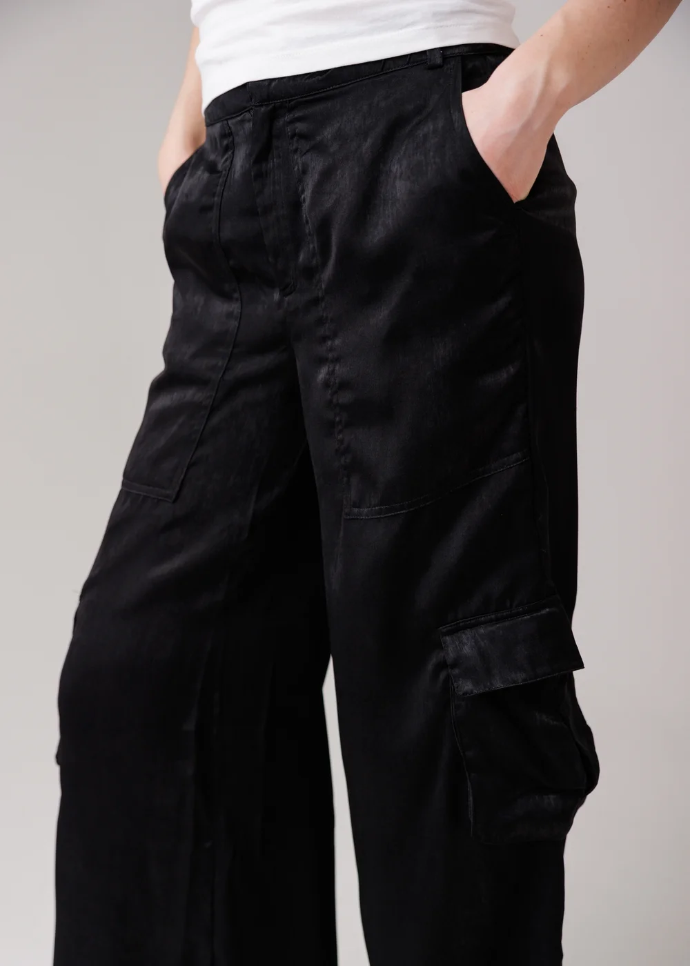 Influence Black Satin-Style Wide Leg Cargo Trousers - 8 Image 3