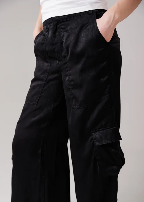 Influence Black Satin-Style Wide Leg Cargo Trousers - 8 Image 3
