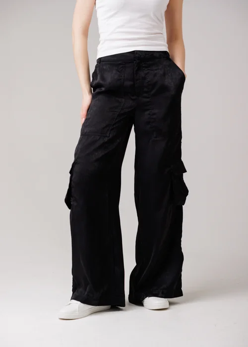 Influence Black Satin-Style Wide Leg Cargo Trousers - 8 Image 1