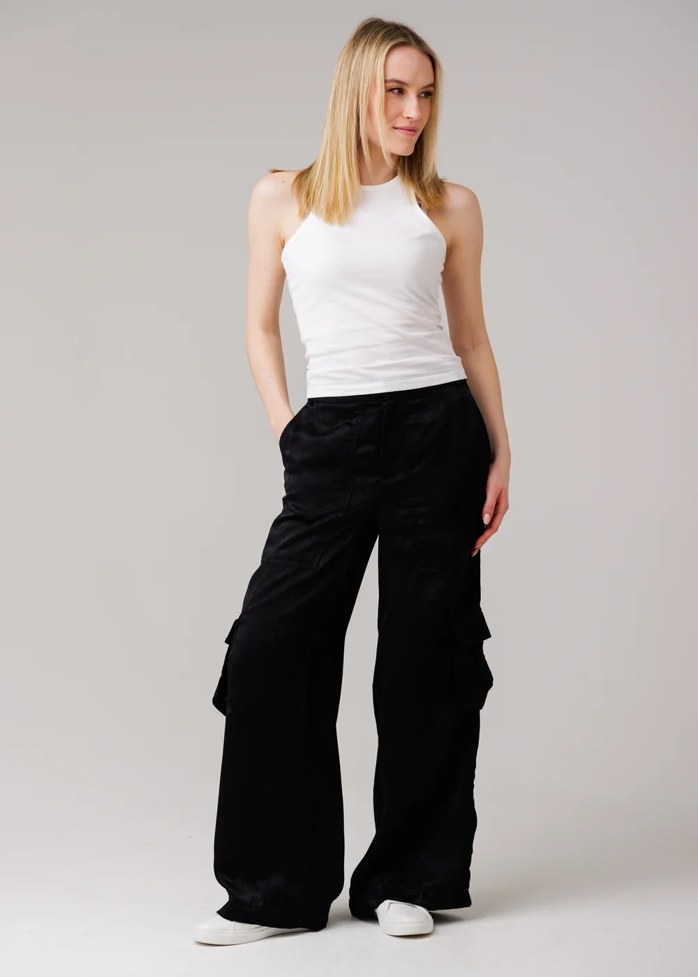Influence Black Satin-Style Wide Leg Cargo Trousers - 8 Image 4