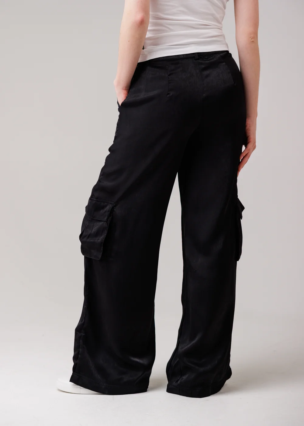 Influence Black Satin-Style Wide Leg Cargo Trousers - 8 Image 2