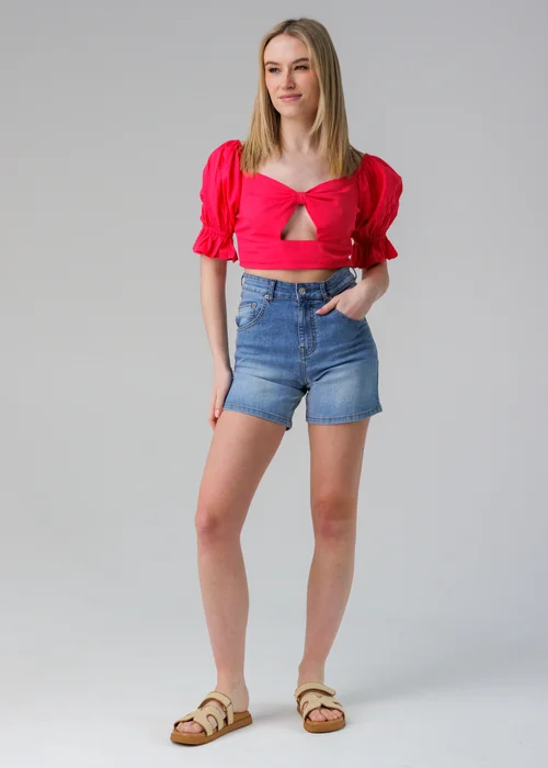 Influence Pink Short Puff Sleeve Bow Detail Cropped Top - 8 Image 4