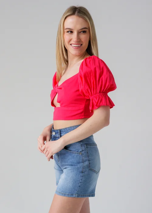 Influence Pink Short Puff Sleeve Bow Detail Cropped Top - 8 Image 1