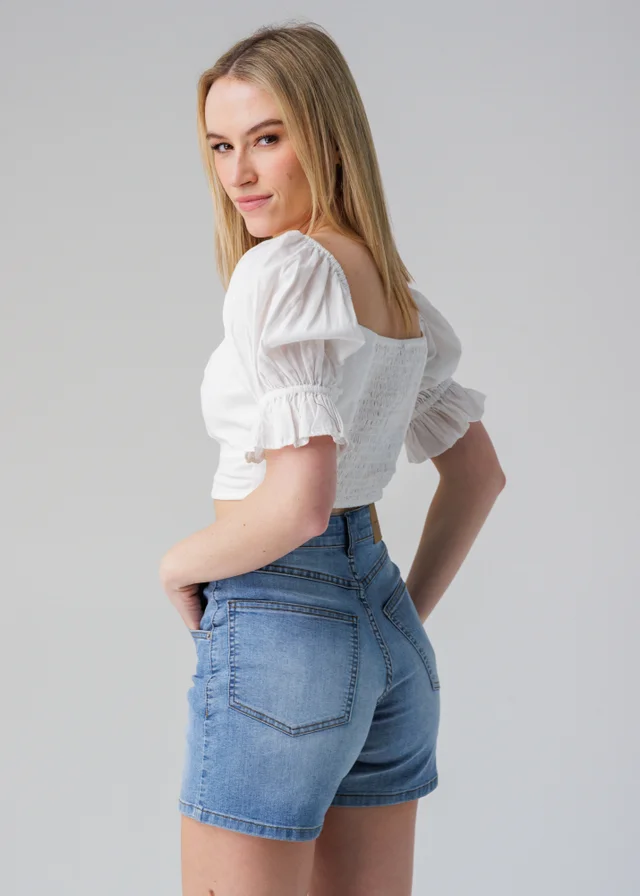 Influence White Short Puff Sleeve Bow Detail Cropped Top