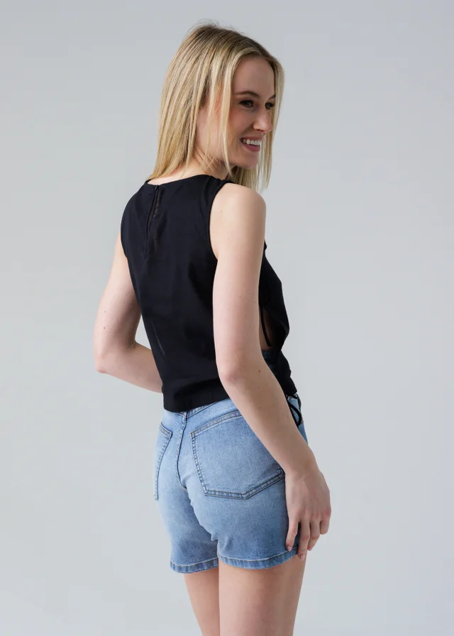 Influence Black Sleeveless Round Neck Tie Side Shell Top