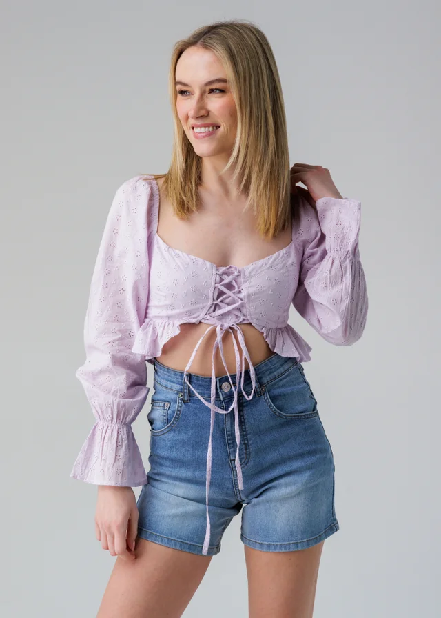 Influence Pink Long Sleeve Lace Up Peplum Hem Crop Top