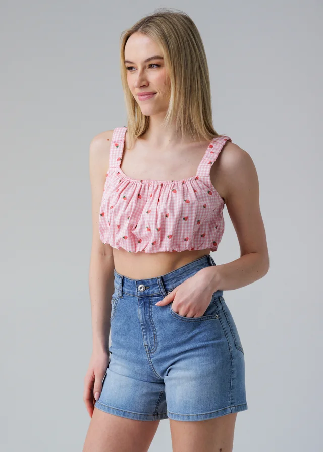 Influence Pink Sleeveless Shirred Square Neck Strappy Cropped Top