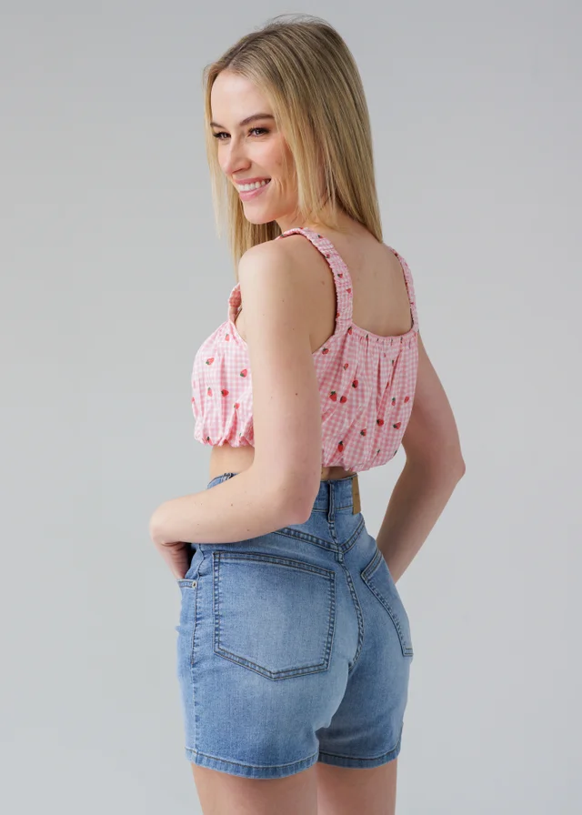 Influence Pink Sleeveless Shirred Square Neck Strappy Cropped Top