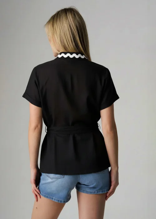 Wednesday's Girl Black Cotton Linen Zig Zag Trim Wrap Top - 6 Image 2