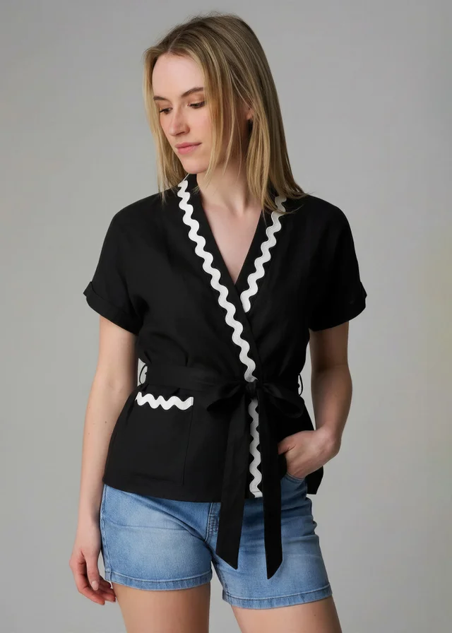 Wednesday's Girl Black Cotton Linen Zig Zag Trim Wrap Top