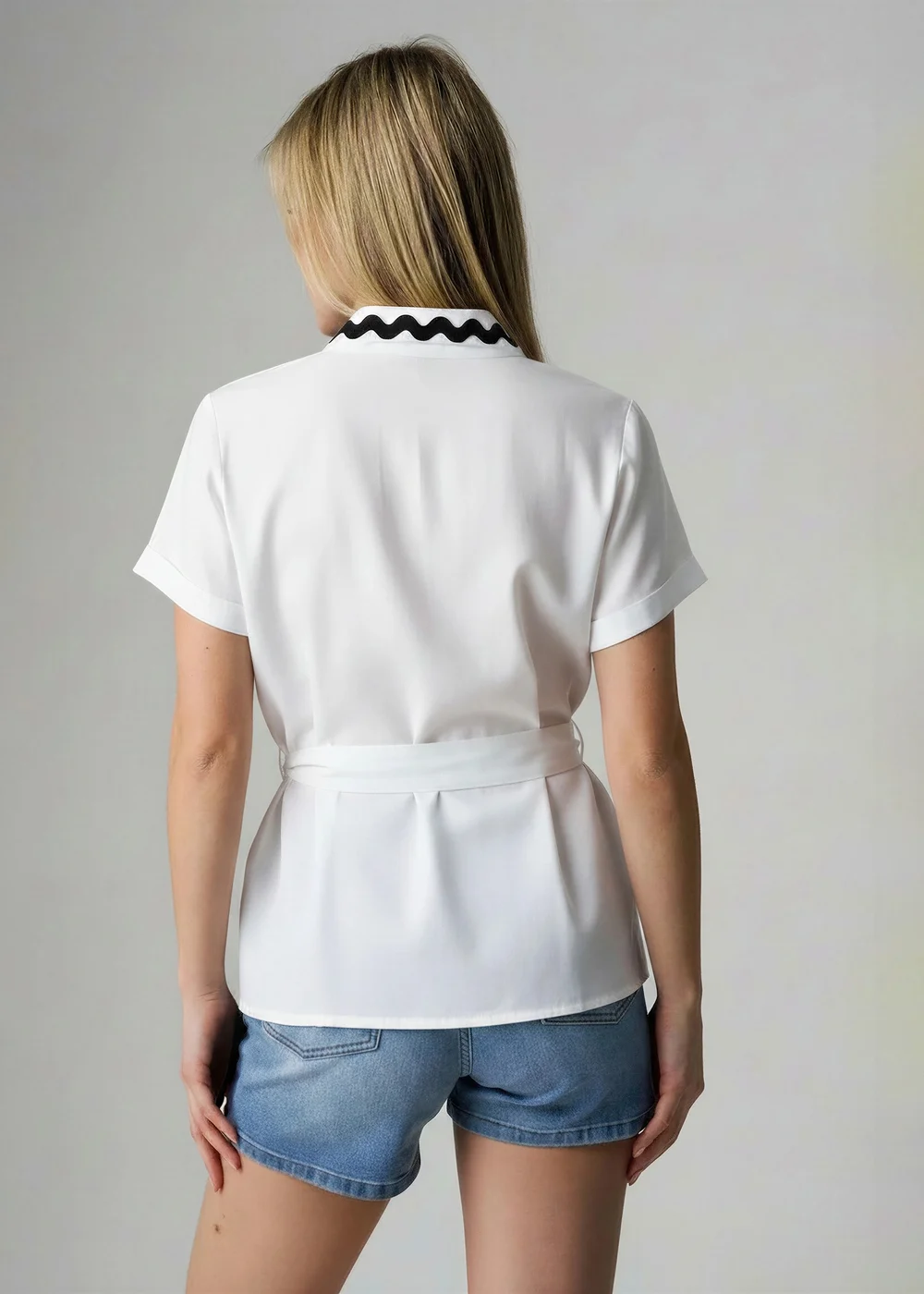 Wednesday's Girl White Cotton Linen Zig Zag Trim Wrap Top - 6 Image 2